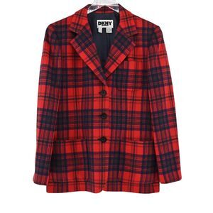 Vtg‎ DKNY Blazer Womens Sz 10 Red Blue Plaid 100% Wool Tweed Preppy Academia 80s